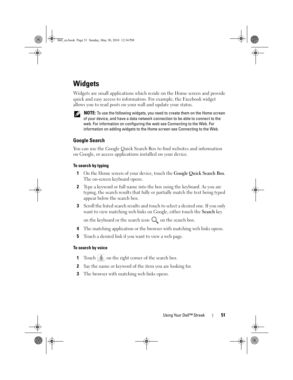 Widgets, Google search | Dell STREAK mobile User Manual | Page 51 / 140