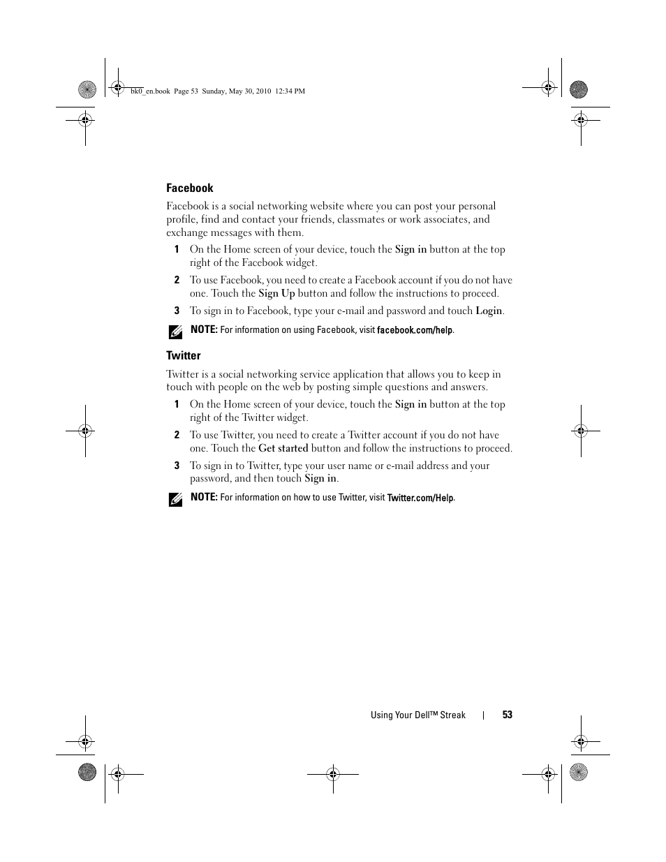 Facebook, Twitter | Dell STREAK mobile User Manual | Page 53 / 140