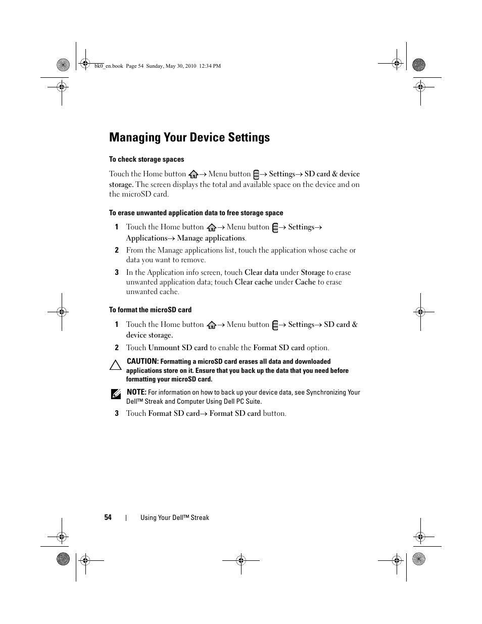 Managing your device settings | Dell STREAK mobile User Manual | Page 54 / 140