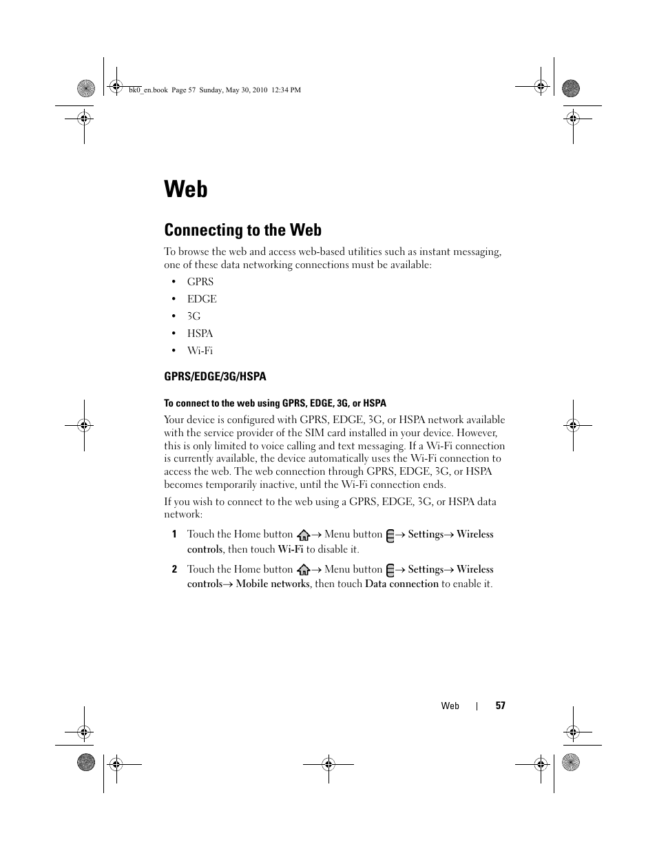 Connecting to the web, Gprs/edge/3g/hspa | Dell STREAK mobile User Manual | Page 57 / 140