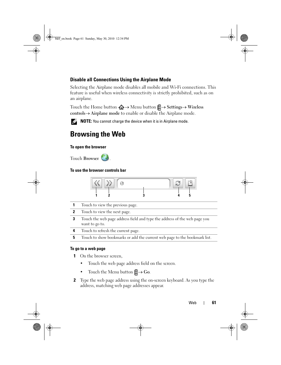 Disable all connections using the airplane mode, Browsing the web | Dell STREAK mobile User Manual | Page 61 / 140