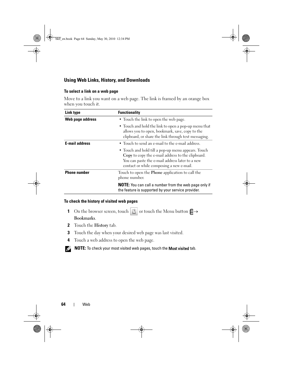 Using web links, history, and downloads | Dell STREAK mobile User Manual | Page 64 / 140