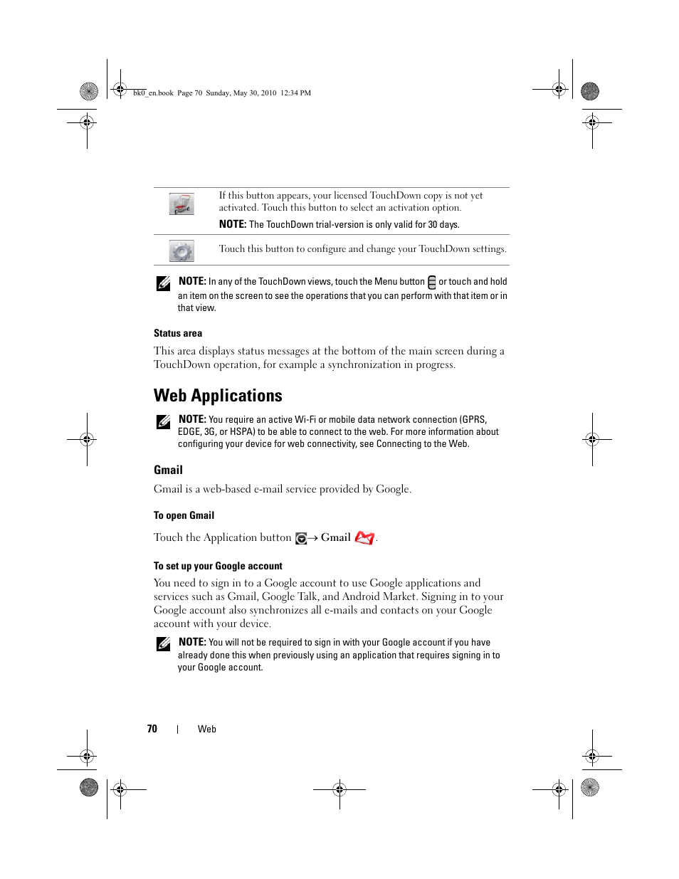 Web applications, Gmail, E gmail | Dell STREAK mobile User Manual | Page 70 / 140