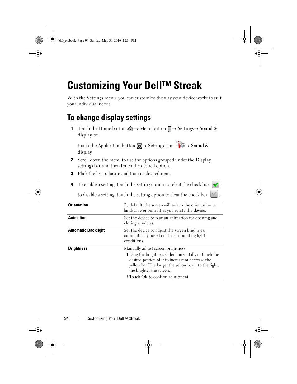 Customizing your dell™ streak, To change display settings | Dell STREAK mobile User Manual | Page 94 / 140