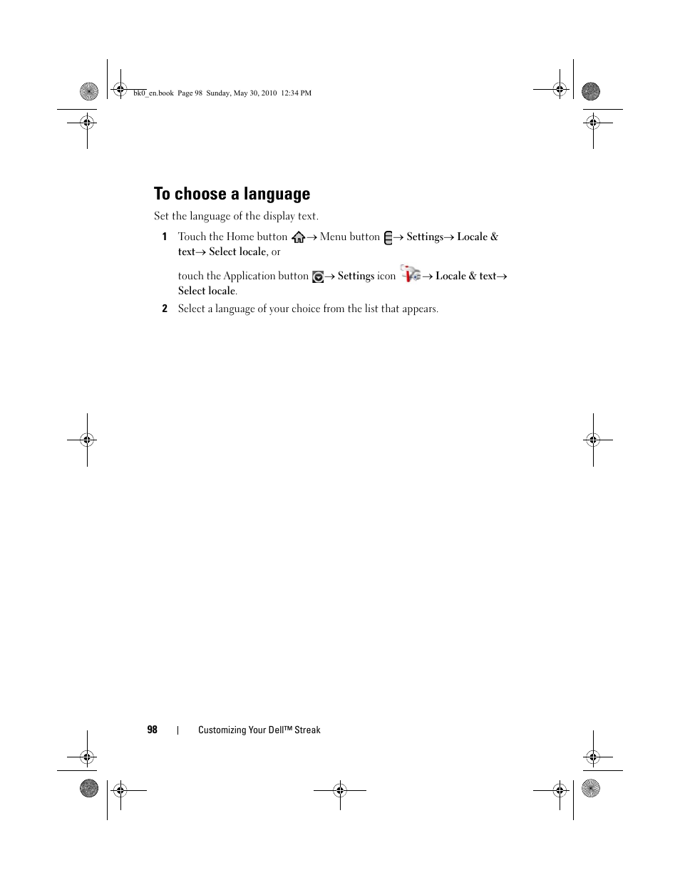 To choose a language | Dell STREAK mobile User Manual | Page 98 / 140