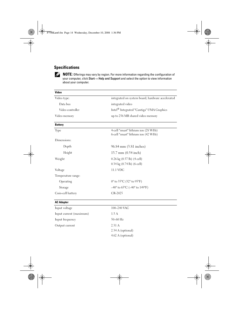 Specifications | Dell Latitude XT2 (Early 2009) User Manual | Page 6 / 8