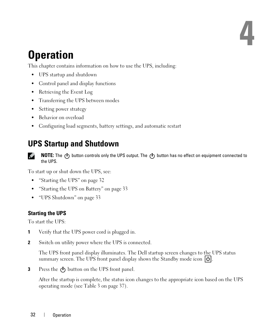 Operation, Ups startup and shutdown, Starting the ups | Dell UPS 3750R User Manual | Page 12 / 52