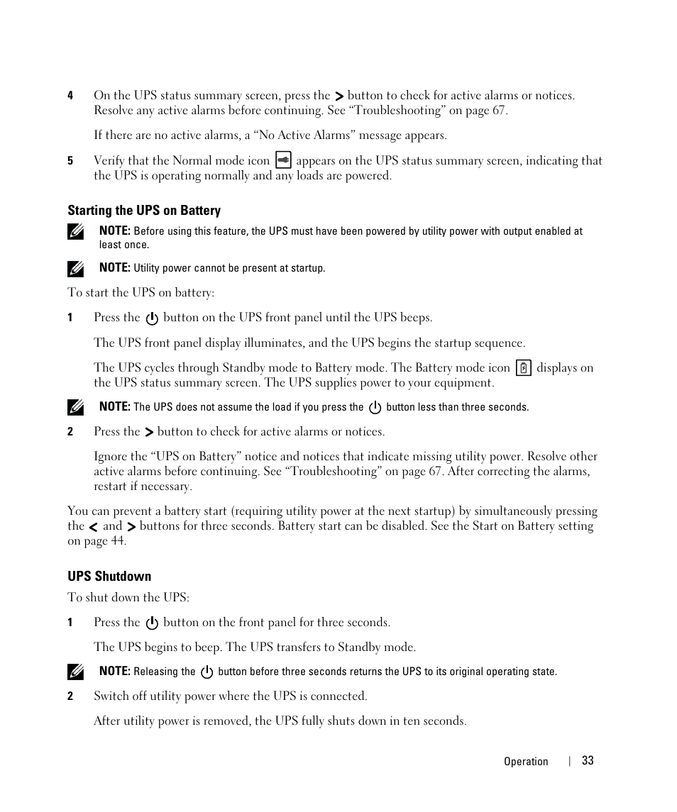 Starting the ups on battery, Ups shutdown | Dell UPS 3750R User Manual | Page 13 / 52