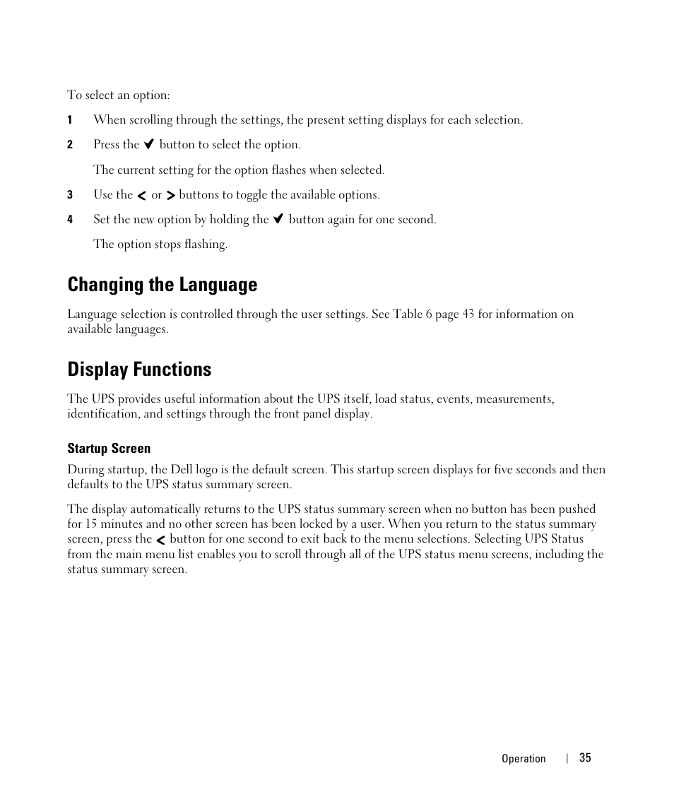 Changing the language, Display functions, Startup screen | Dell UPS 3750R User Manual | Page 15 / 52