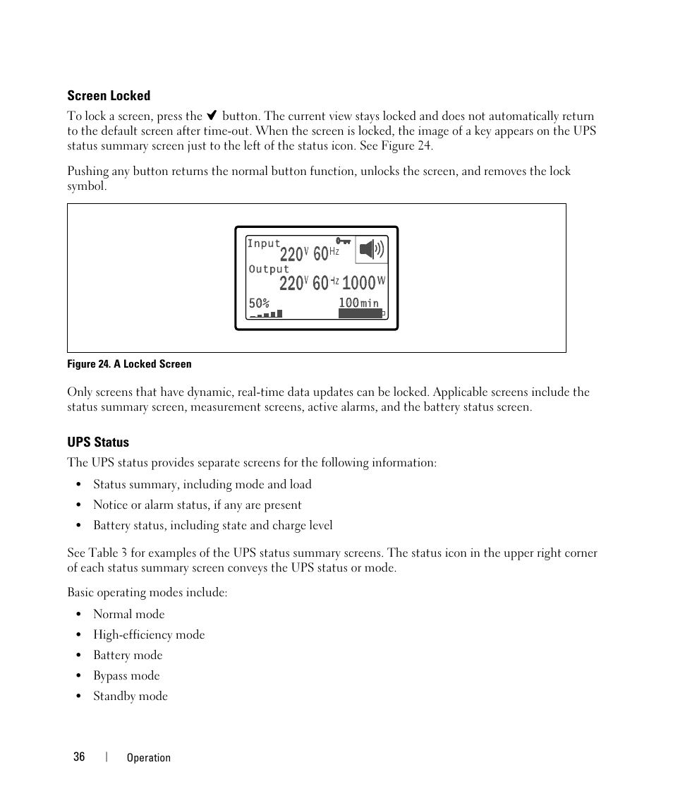 Screen locked, Ups status | Dell UPS 3750R User Manual | Page 16 / 52