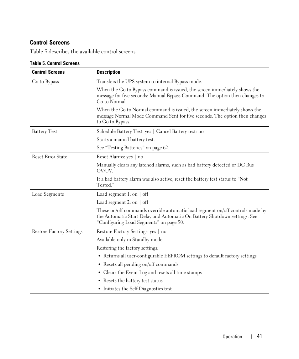 Control screens | Dell UPS 3750R User Manual | Page 21 / 52