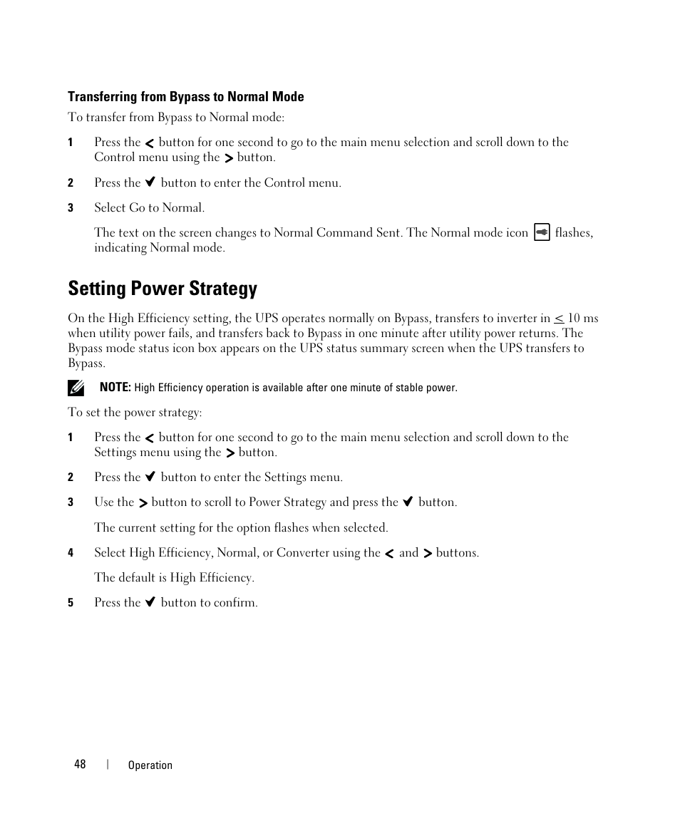 Transferring from bypass to normal mode, Setting power strategy | Dell UPS 3750R User Manual | Page 28 / 52