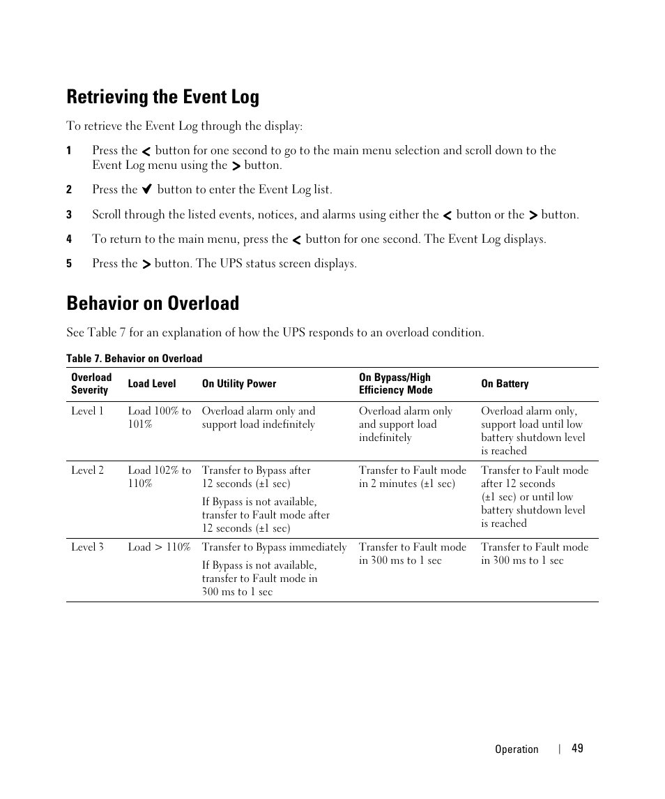Retrieving the event log, Behavior on overload | Dell UPS 3750R User Manual | Page 29 / 52