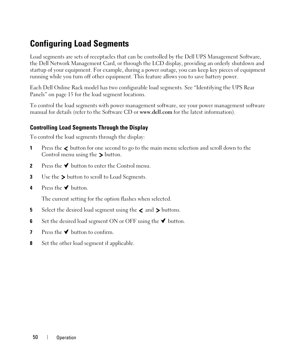 Configuring load segments, Controlling load segments through the display | Dell UPS 3750R User Manual | Page 30 / 52