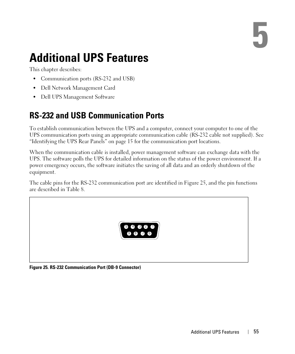 Additional ups features, Rs-232 and usb communication ports, Changing the language | Display functions, Startup screen | Dell UPS 3750R User Manual | Page 35 / 52