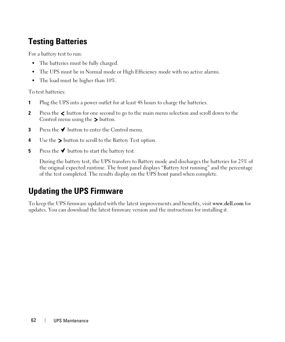 Testing batteries, Updating the ups firmware, Identification | Dell UPS 3750R User Manual | Page 42 / 52