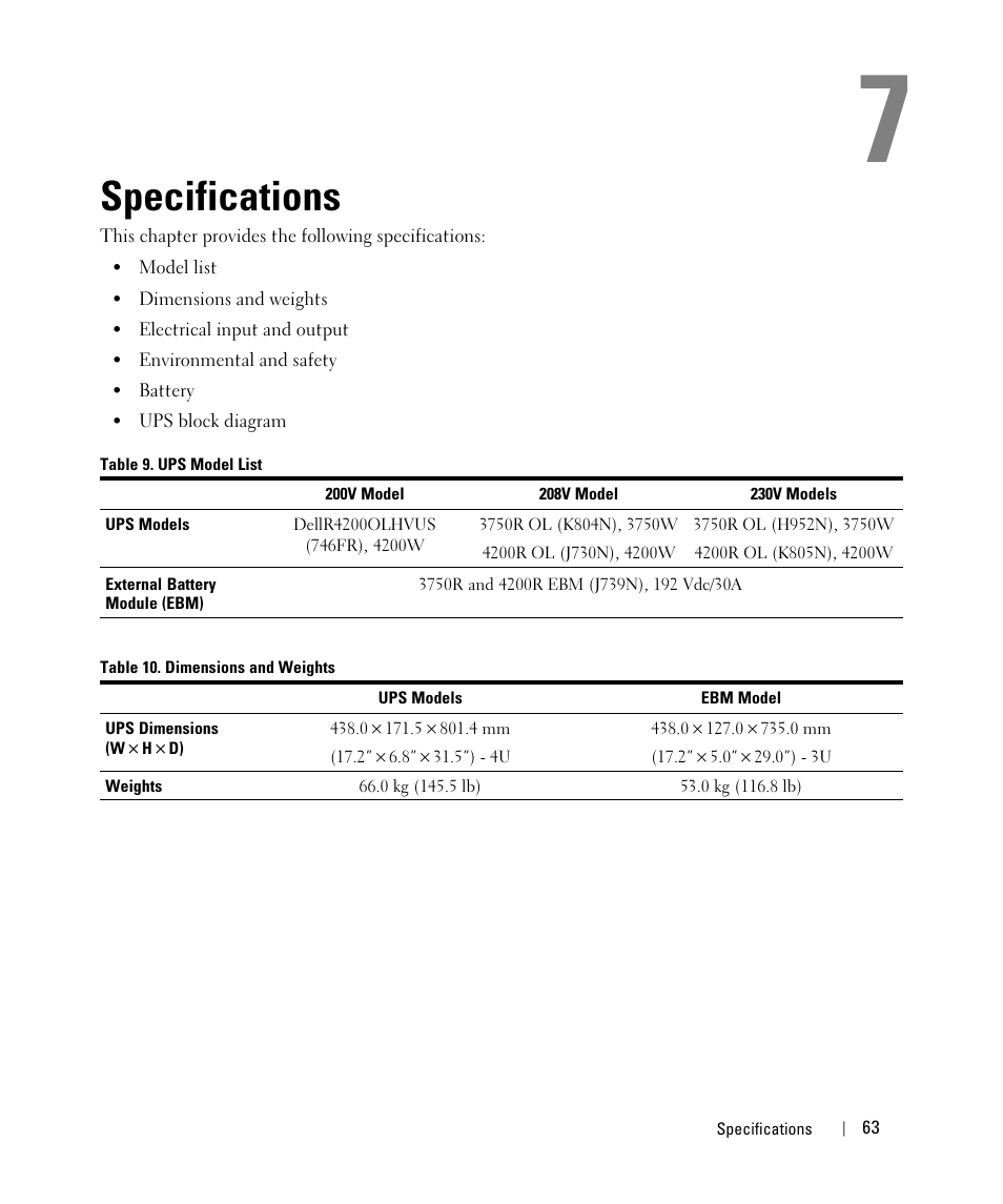 Specifications, Settings, Table 6. settings (continued) | Dell UPS 3750R User Manual | Page 43 / 52