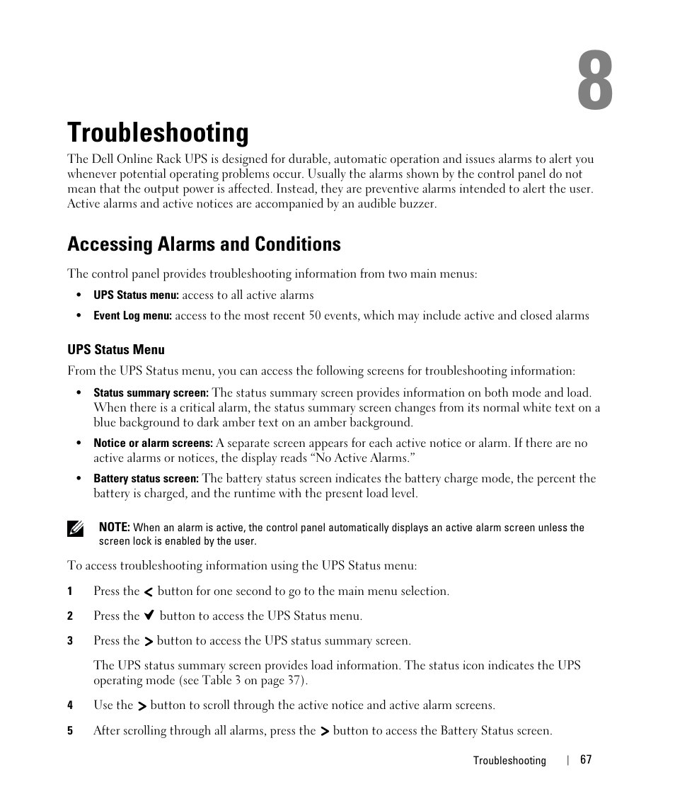 Troubleshooting, Accessing alarms and conditions, Ups status menu | Transferring the ups between modes, Transferring from normal to bypass mode | Dell UPS 3750R User Manual | Page 47 / 52