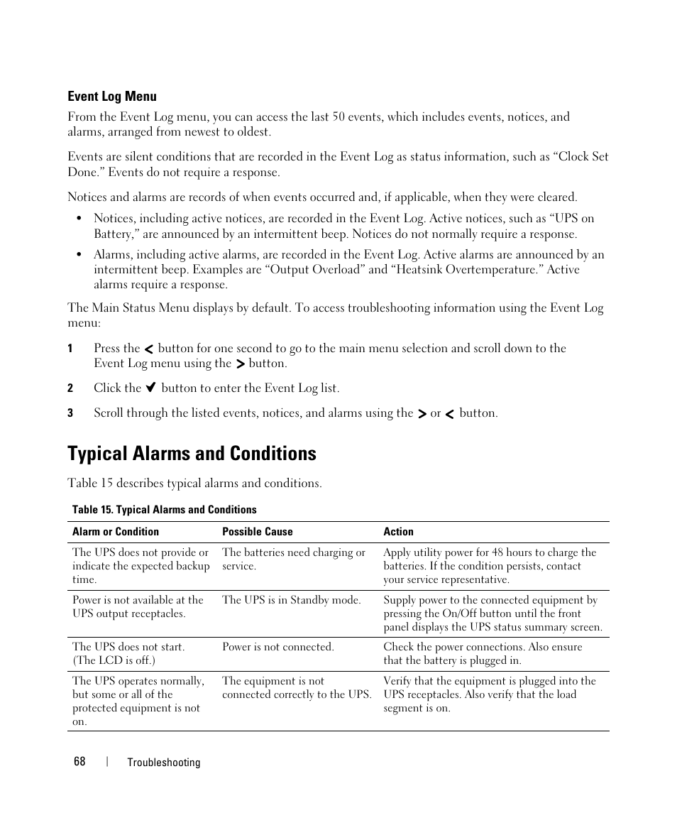 Event log menu, Typical alarms and conditions, Transferring from bypass to normal mode | Setting power strategy | Dell UPS 3750R User Manual | Page 48 / 52