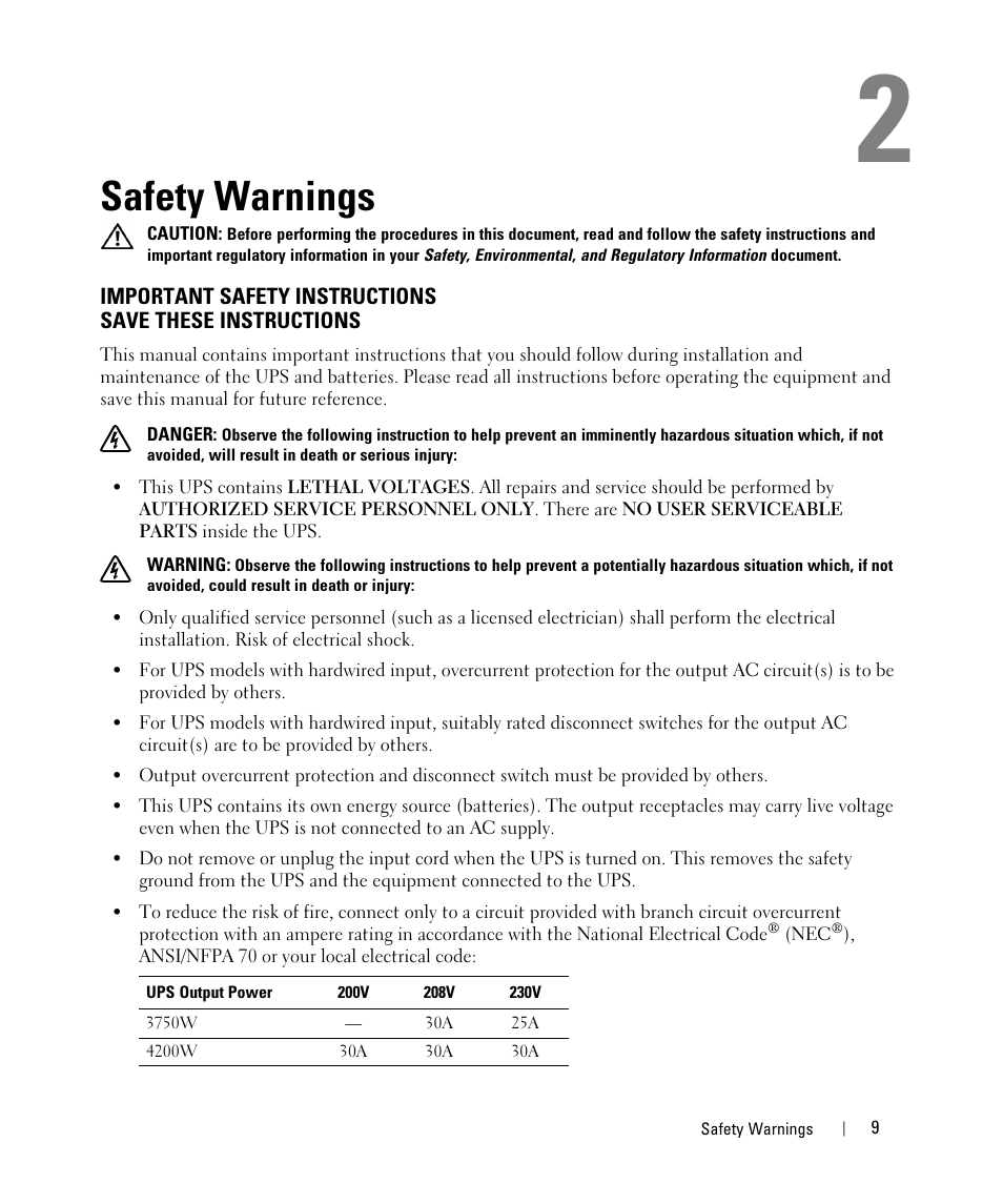 Safety warnings | Dell UPS 3750R User Manual | Page 9 / 52