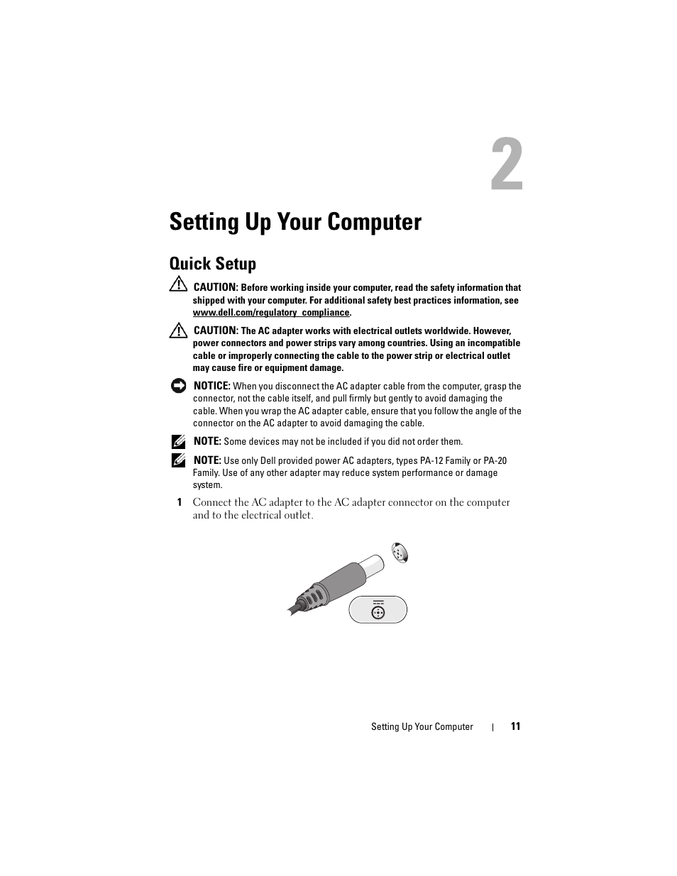 Setting up your computer, Quick setup | Dell Latitude E4200 (Late 2008) User Manual | Page 11 / 56