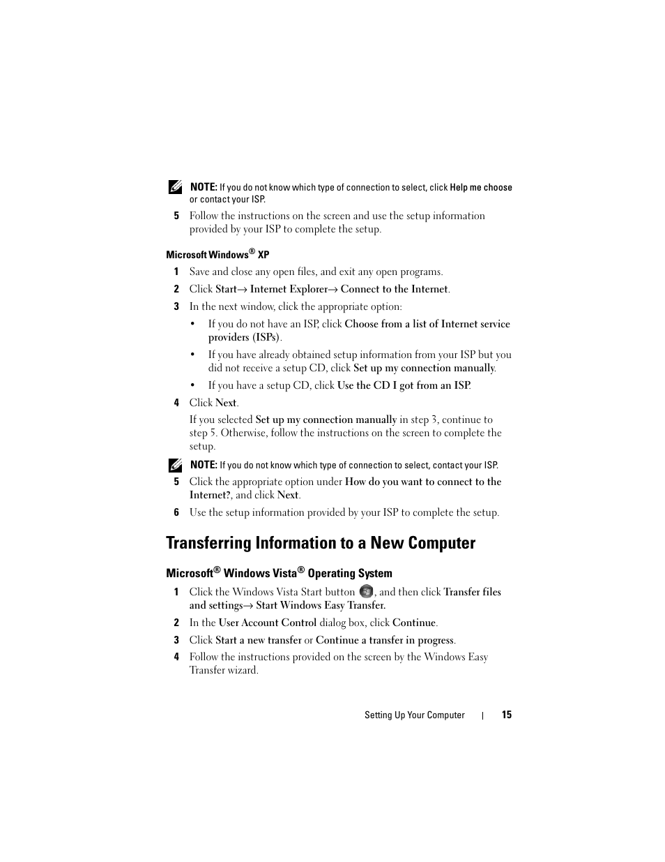 Transferring information to a new computer, Microsoft® windows vista® operating system, Microsoft | Dell Latitude E4200 (Late 2008) User Manual | Page 15 / 56