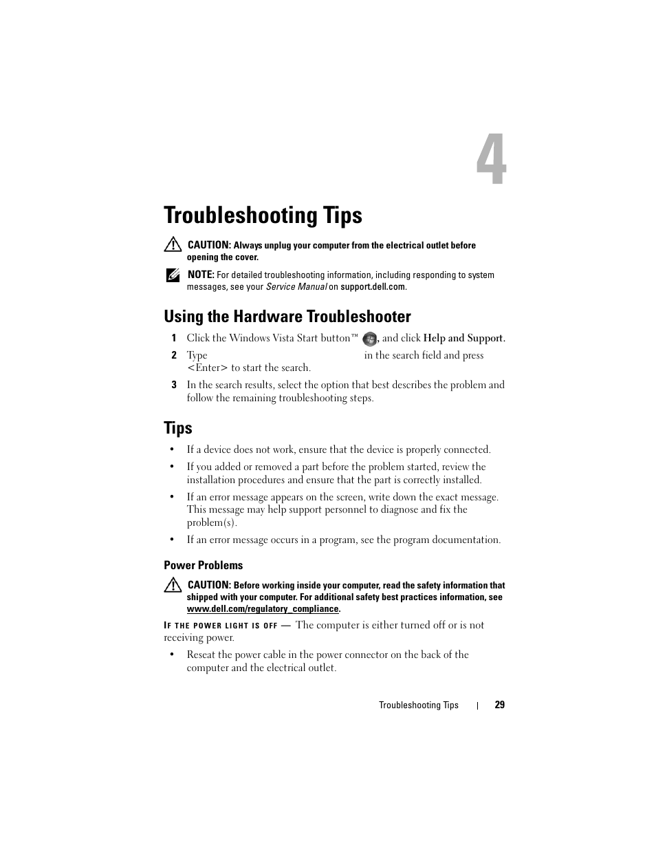 Troubleshooting tips, Using the hardware troubleshooter, Tips | Power problems | Dell Latitude E4200 (Late 2008) User Manual | Page 29 / 56