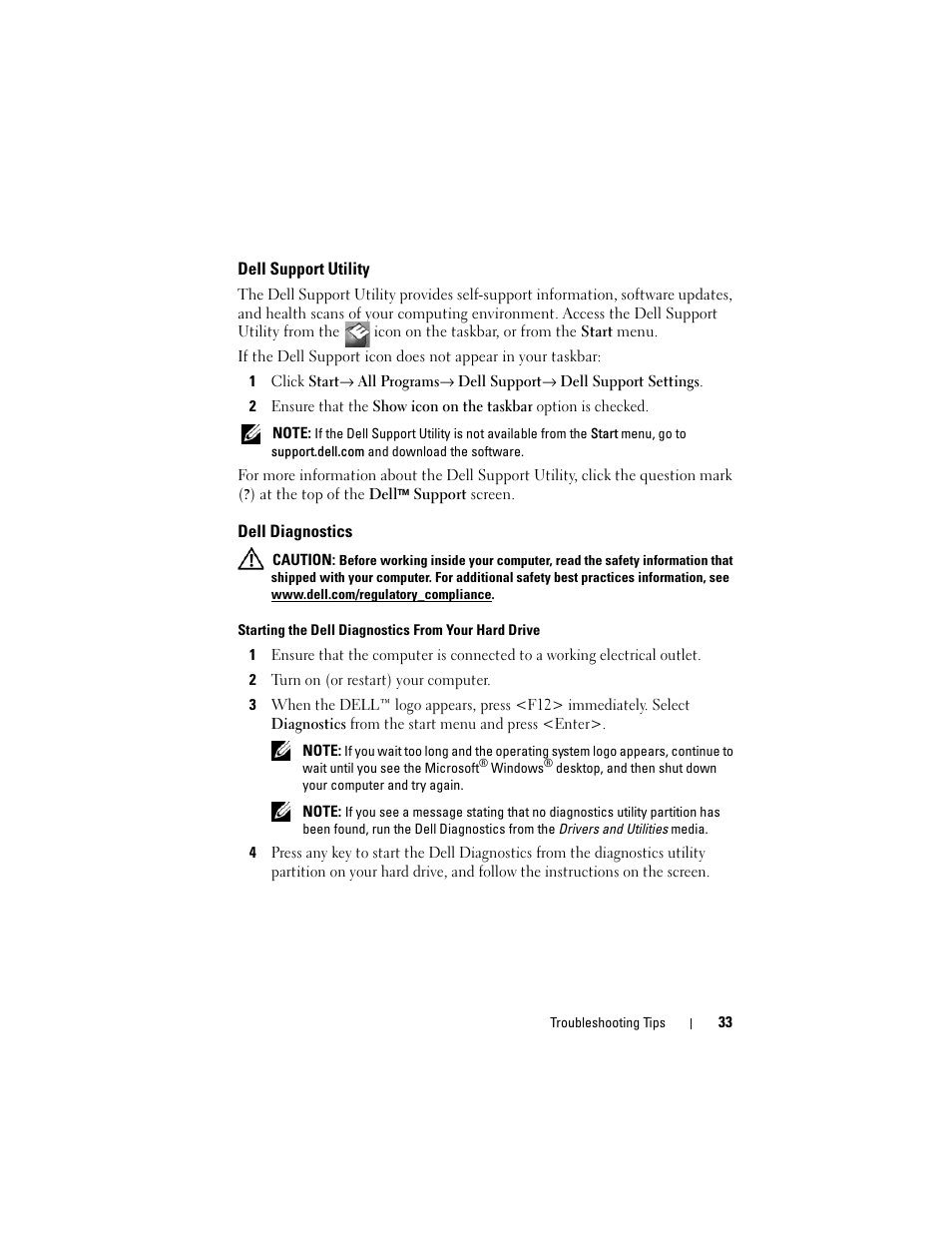 Dell support utility, Dell diagnostics | Dell Latitude E4200 (Late 2008) User Manual | Page 33 / 56