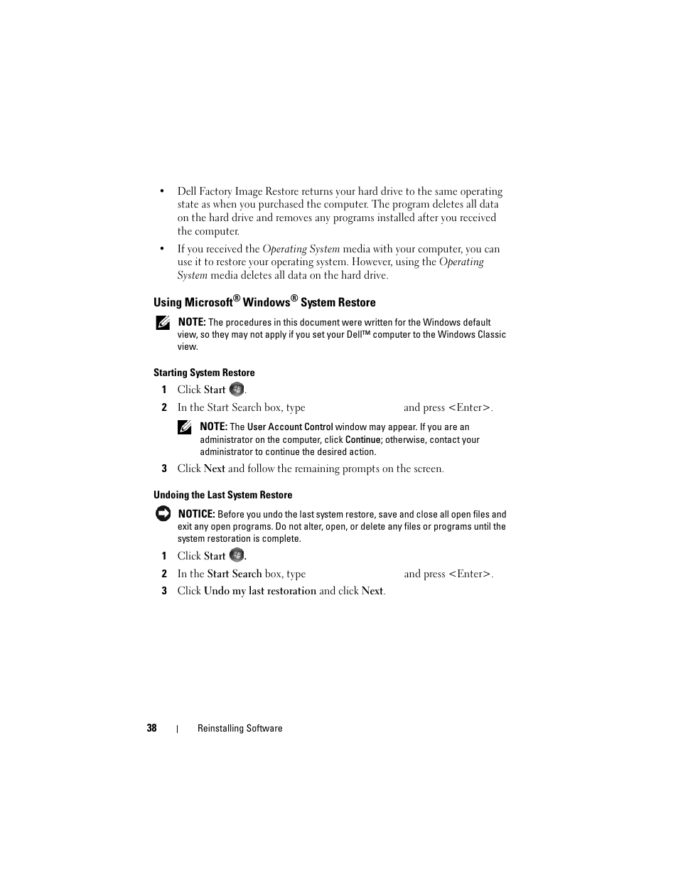 Using microsoft® windows® system restore, Using microsoft, E (see "using microsoft | Windows, System | Dell Latitude E4200 (Late 2008) User Manual | Page 38 / 56