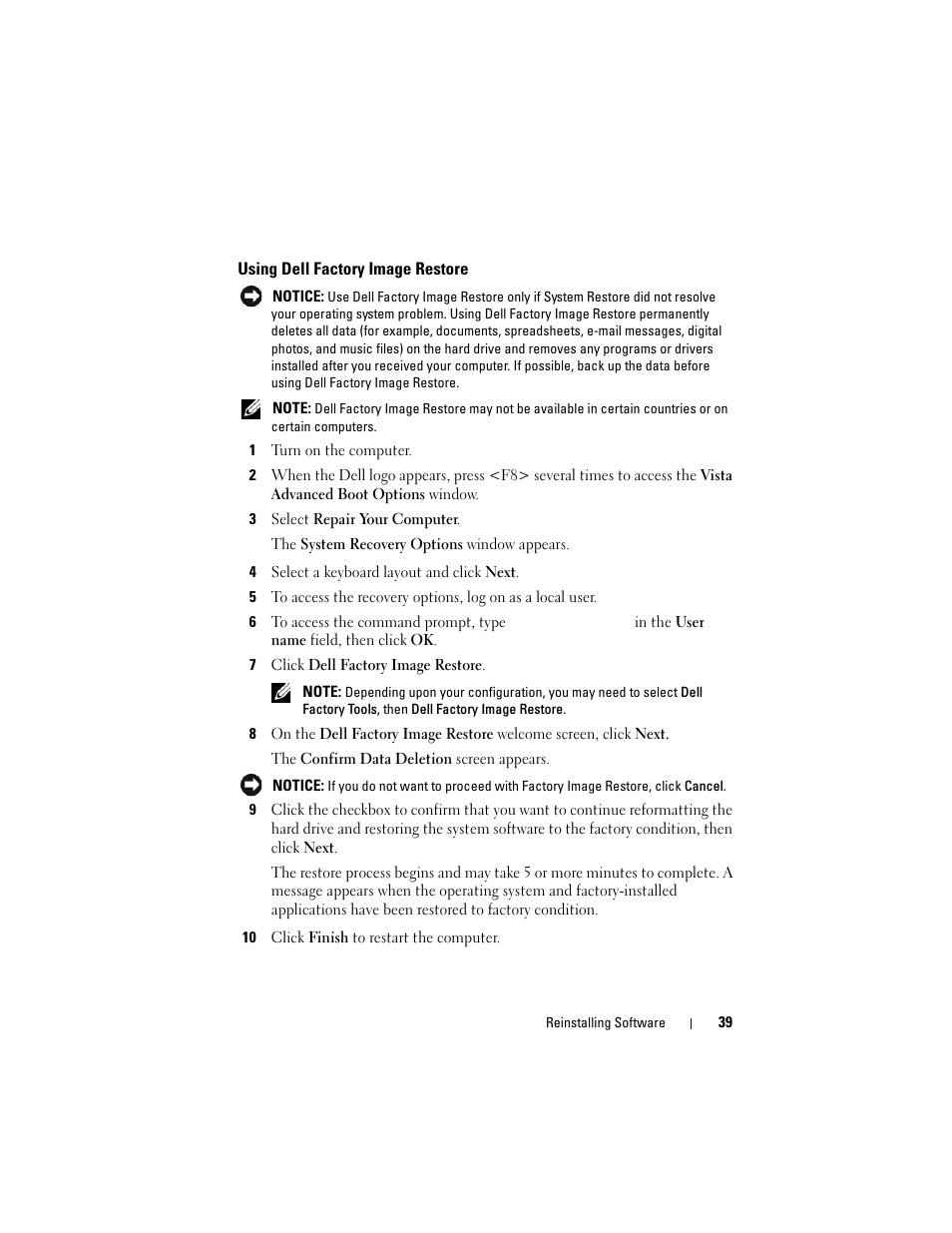 Using dell factory image restore | Dell Latitude E4200 (Late 2008) User Manual | Page 39 / 56