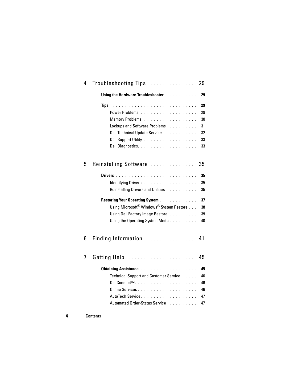 4troubleshooting tips, 5reinstalling software, 6finding information | 41 7 getting help | Dell Latitude E4200 (Late 2008) User Manual | Page 4 / 56