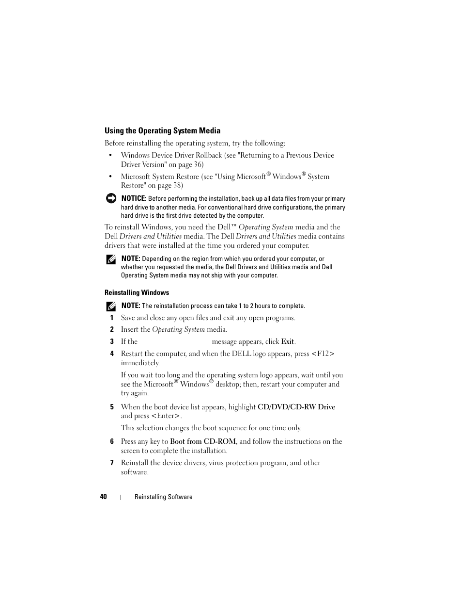 Using the operating system media | Dell Latitude E4200 (Late 2008) User Manual | Page 40 / 56