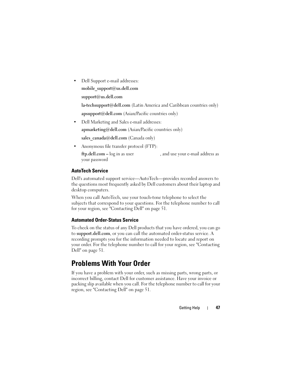 Autotech service, Automated order-status service, Problems with your order | Dell Latitude E4200 (Late 2008) User Manual | Page 47 / 56