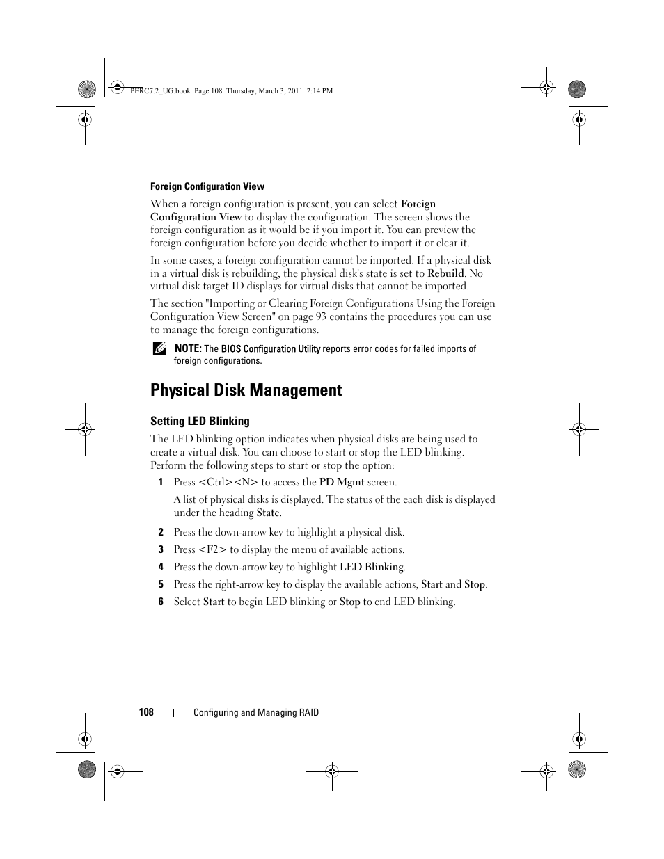 Physical disk management, Setting led blinking, See "foreign | Physical disk | Dell PowerEdge RAID Controller H800 User Manual | Page 108 / 178