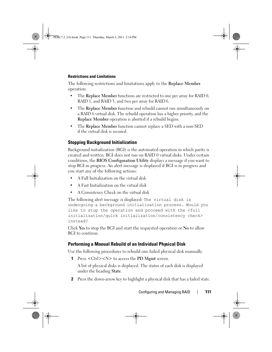 Stopping background initialization, Performing a manual rebuild of an, Individual physical disk | E "performing a manual rebuild of an | Dell PowerEdge RAID Controller H800 User Manual | Page 111 / 178
