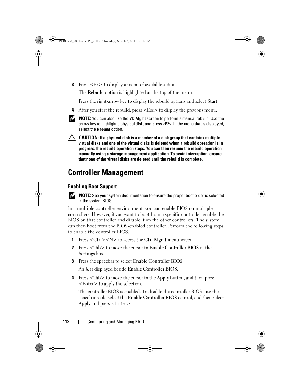 Controller management, Enabling boot support | Dell PowerEdge RAID Controller H800 User Manual | Page 112 / 178