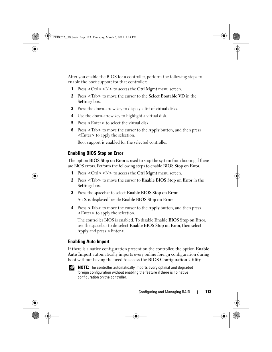 Enabling bios stop on error, Enabling auto import | Dell PowerEdge RAID Controller H800 User Manual | Page 113 / 178