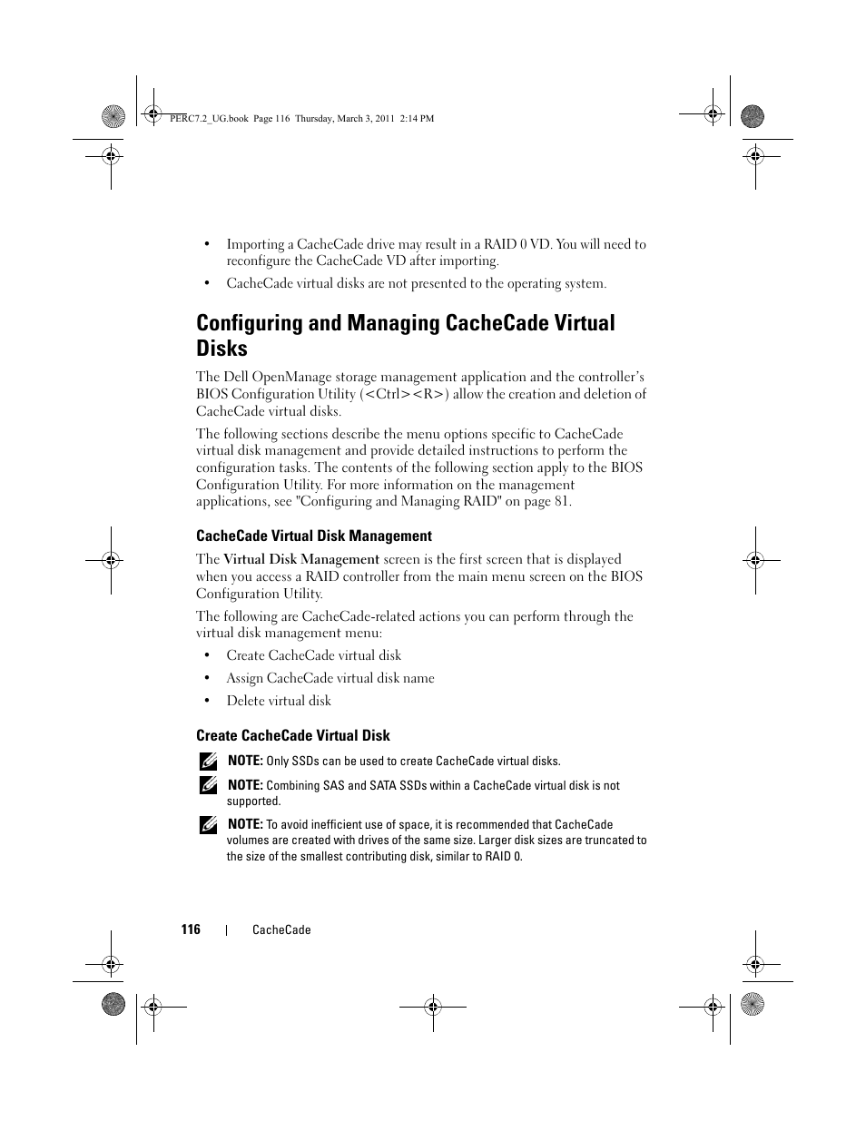 Configuring and managing cachecade virtual disks, Cachecade virtual disk management, Create cachecade virtual disk | Dell PowerEdge RAID Controller H800 User Manual | Page 116 / 178