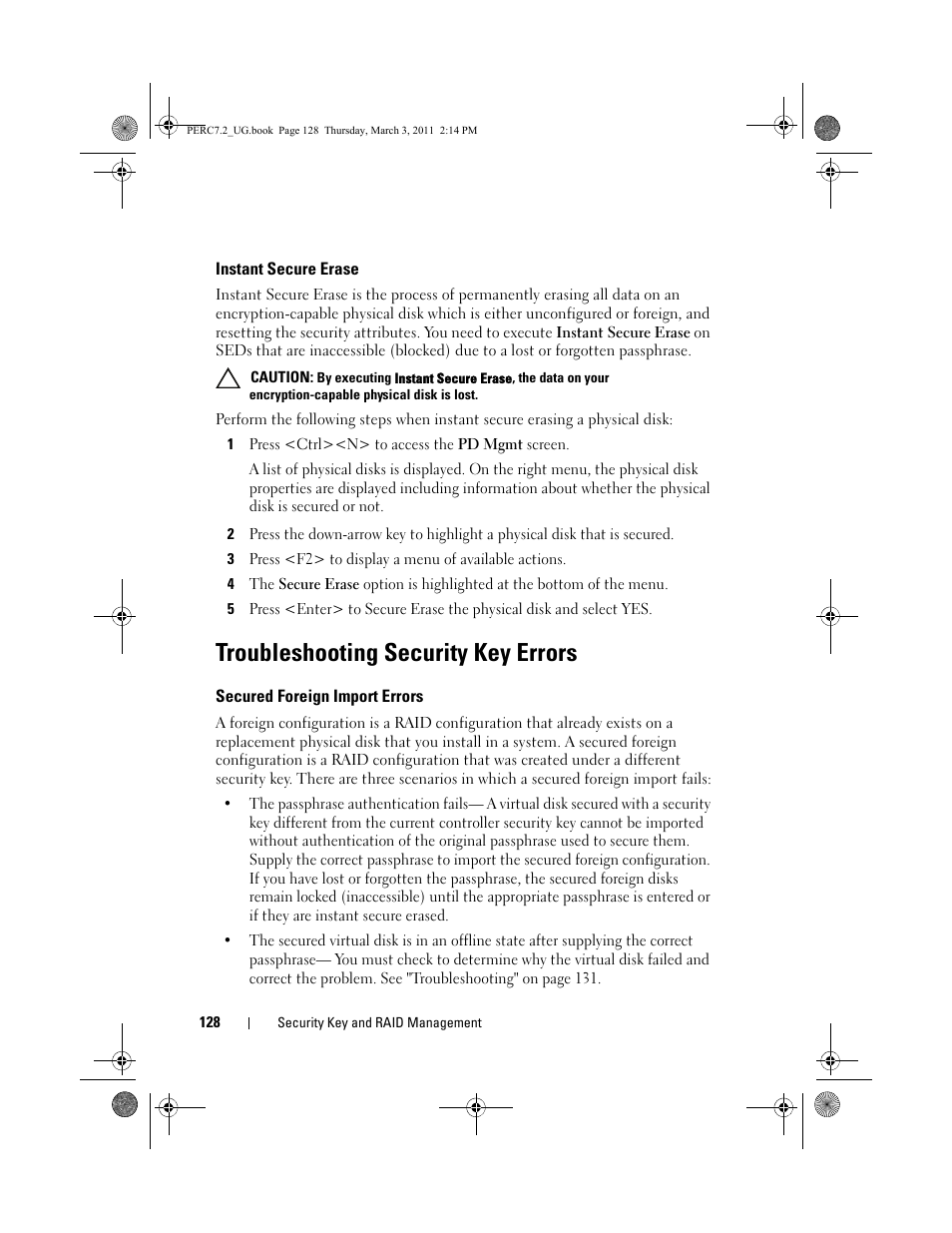 Instant secure erase, Troubleshooting security key errors, Secured foreign import errors | Dell PowerEdge RAID Controller H800 User Manual | Page 128 / 178