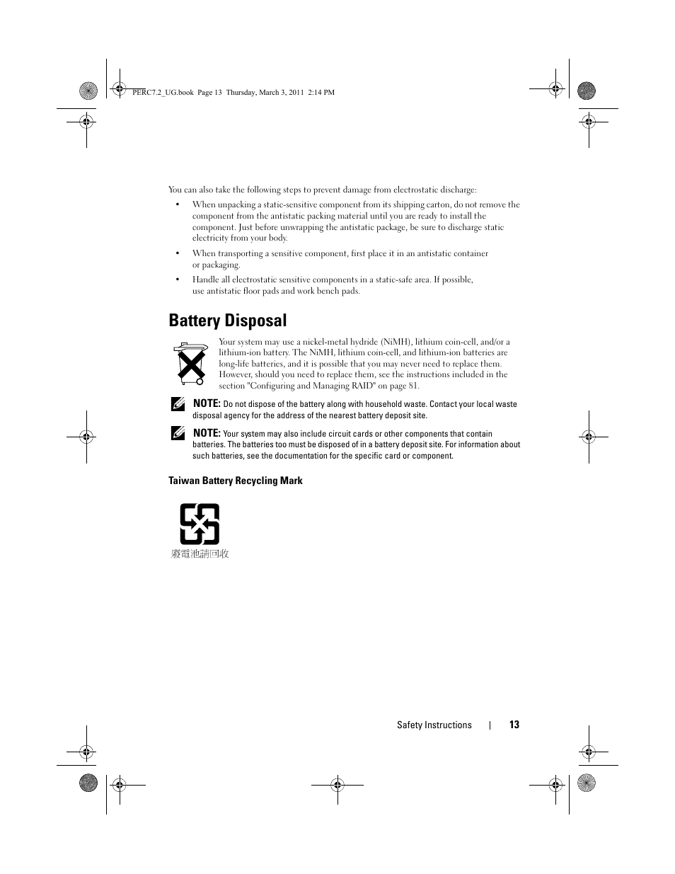 Battery disposal | Dell PowerEdge RAID Controller H800 User Manual | Page 13 / 178