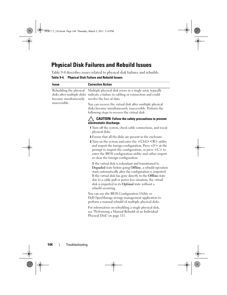 Physical disk failures and rebuild issues | Dell PowerEdge RAID Controller H800 User Manual | Page 144 / 178
