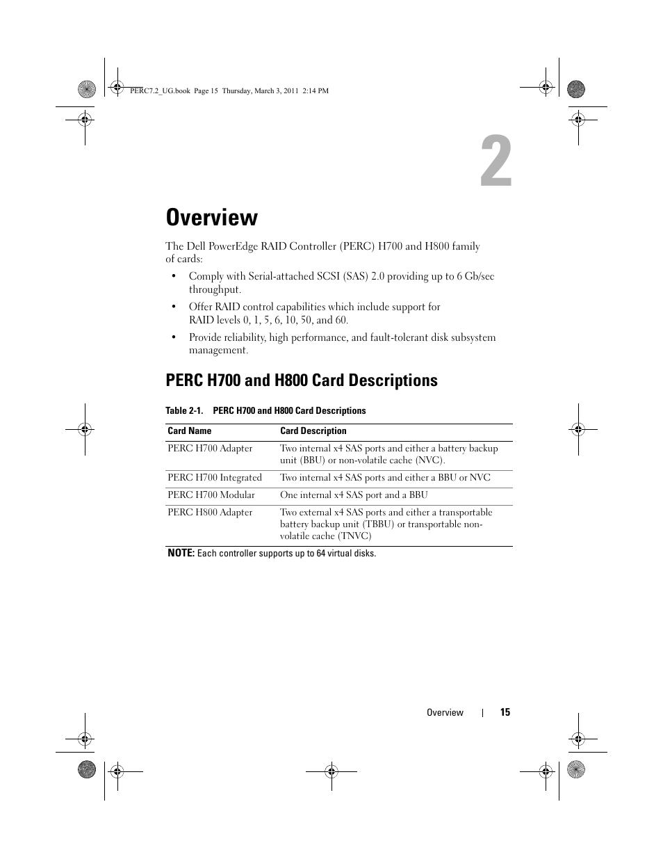 Overview, Perc h700 and h800 card descriptions | Dell PowerEdge RAID Controller H800 User Manual | Page 15 / 178