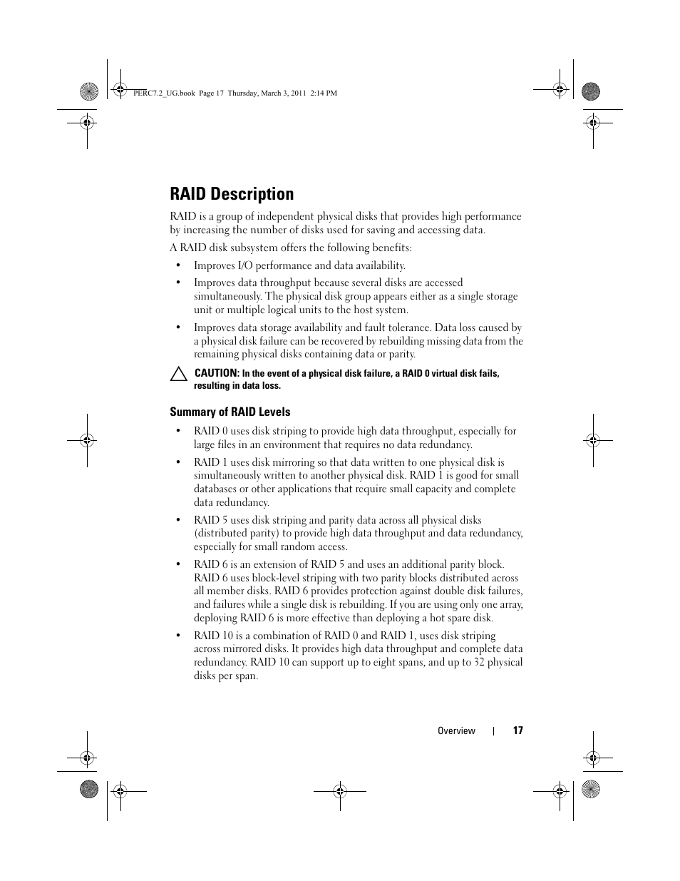 Raid description, Summary of raid levels | Dell PowerEdge RAID Controller H800 User Manual | Page 17 / 178