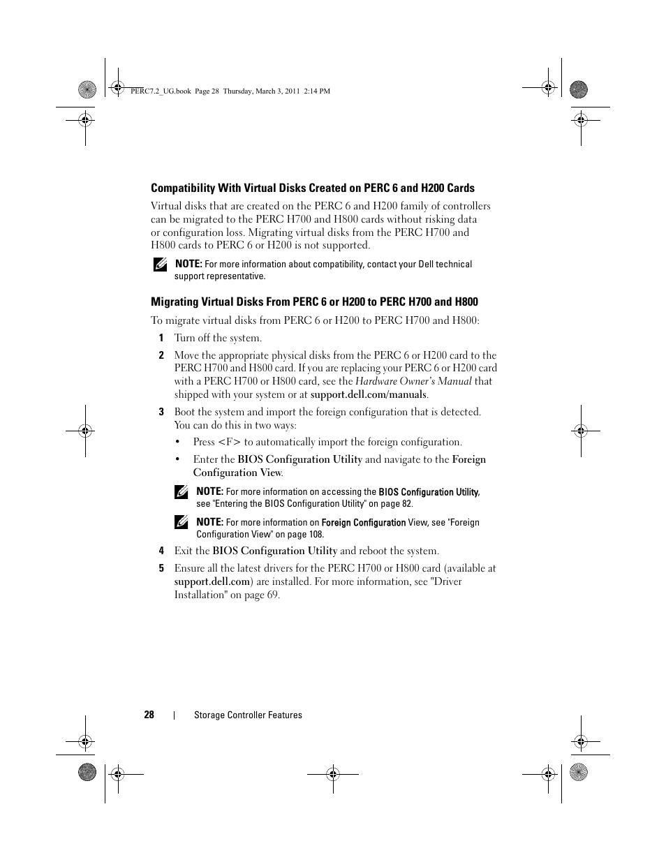 Compatibility with virtual disks created, On perc 6 and h200 cards, Migrating virtual disks from perc 6 or | H200 to perc h700 and h800 | Dell PowerEdge RAID Controller H800 User Manual | Page 28 / 178