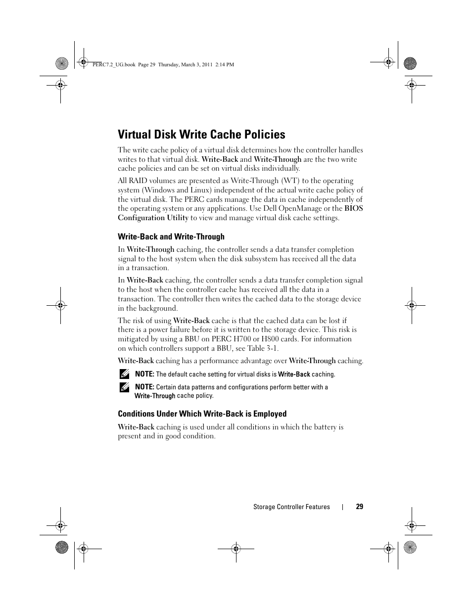 Virtual disk write cache policies, Write-back and write-through, Conditions under which write-back is employed | Conditions under which, Write-back is employed | Dell PowerEdge RAID Controller H800 User Manual | Page 29 / 178