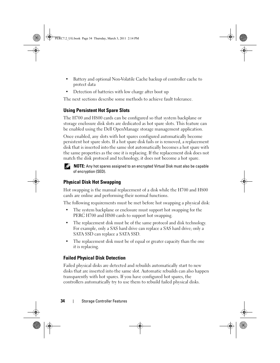 Using persistent hot spare slots, Physical disk hot swapping, Failed physical disk detection | Dell PowerEdge RAID Controller H800 User Manual | Page 34 / 178