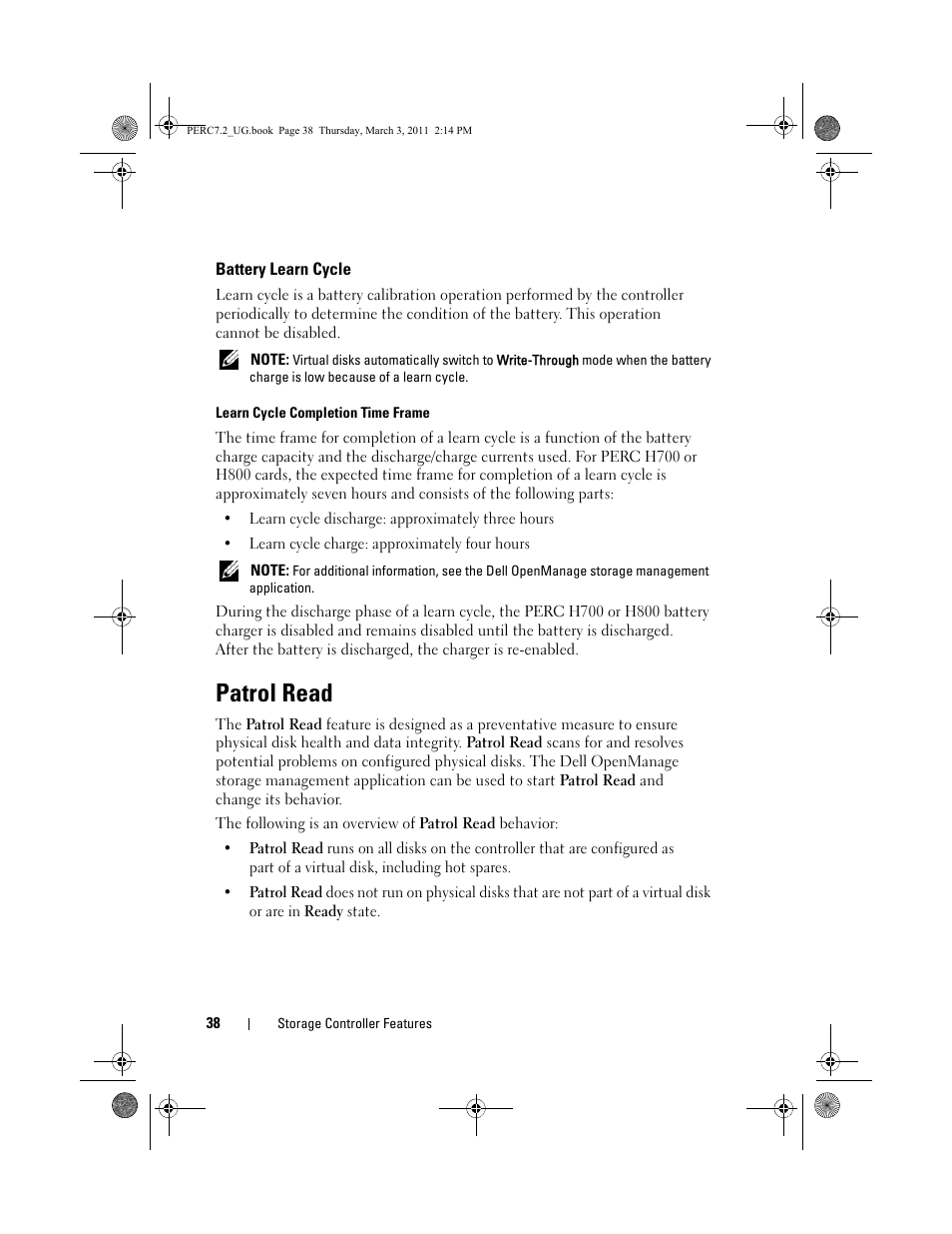 Battery learn cycle, Patrol read | Dell PowerEdge RAID Controller H800 User Manual | Page 38 / 178