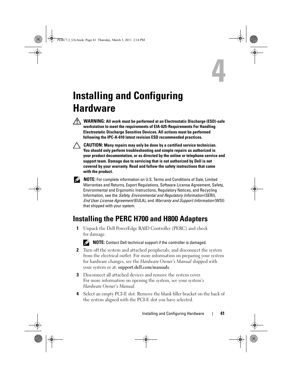 Installing and configuring hardware, Installing the perc h700 and h800 adapters | Dell PowerEdge RAID Controller H800 User Manual | Page 41 / 178