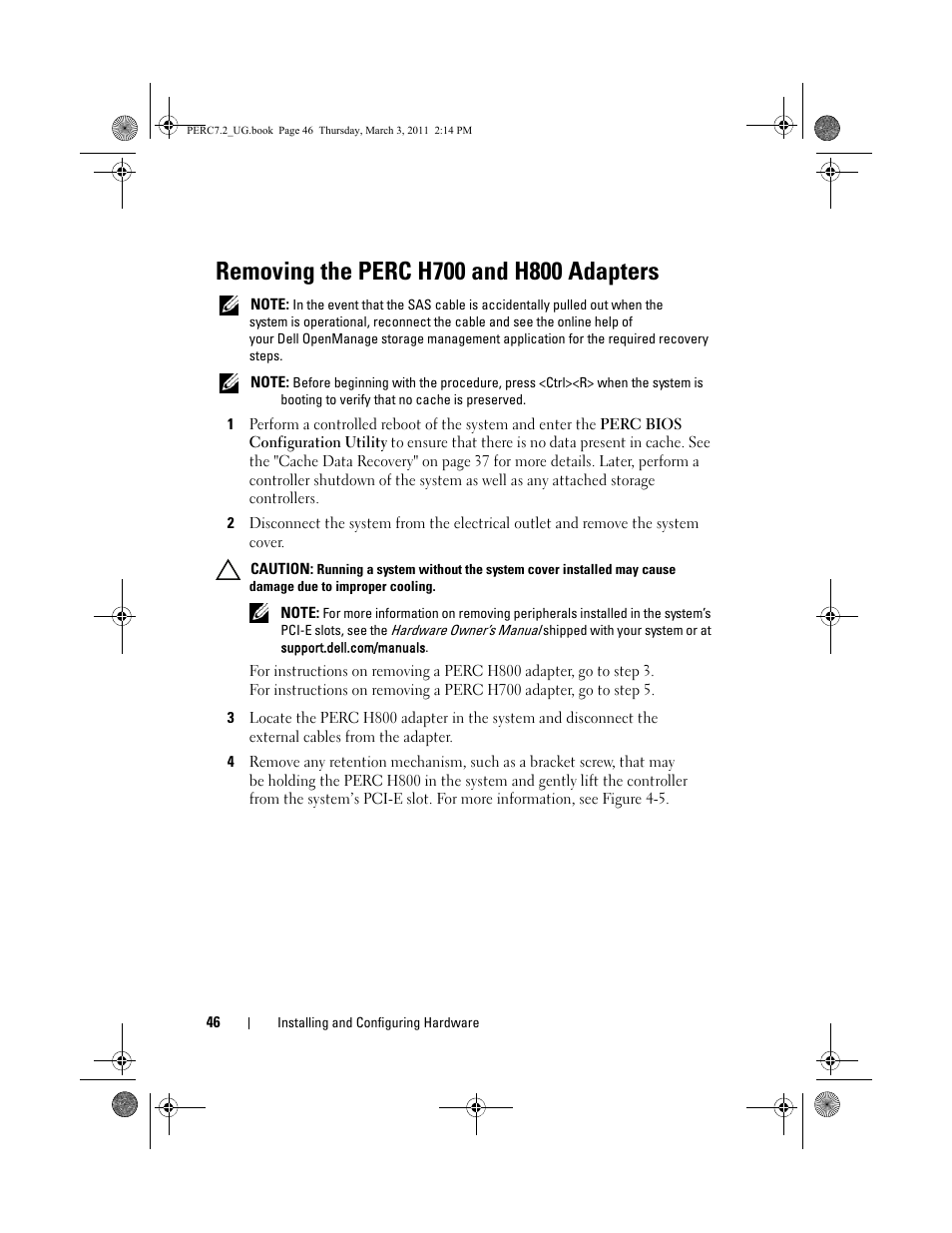Removing the perc h700 and h800 adapters | Dell PowerEdge RAID Controller H800 User Manual | Page 46 / 178