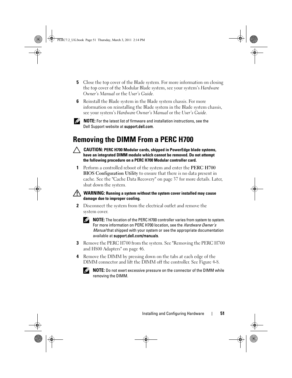Removing the dimm from a perc h700 | Dell PowerEdge RAID Controller H800 User Manual | Page 51 / 178